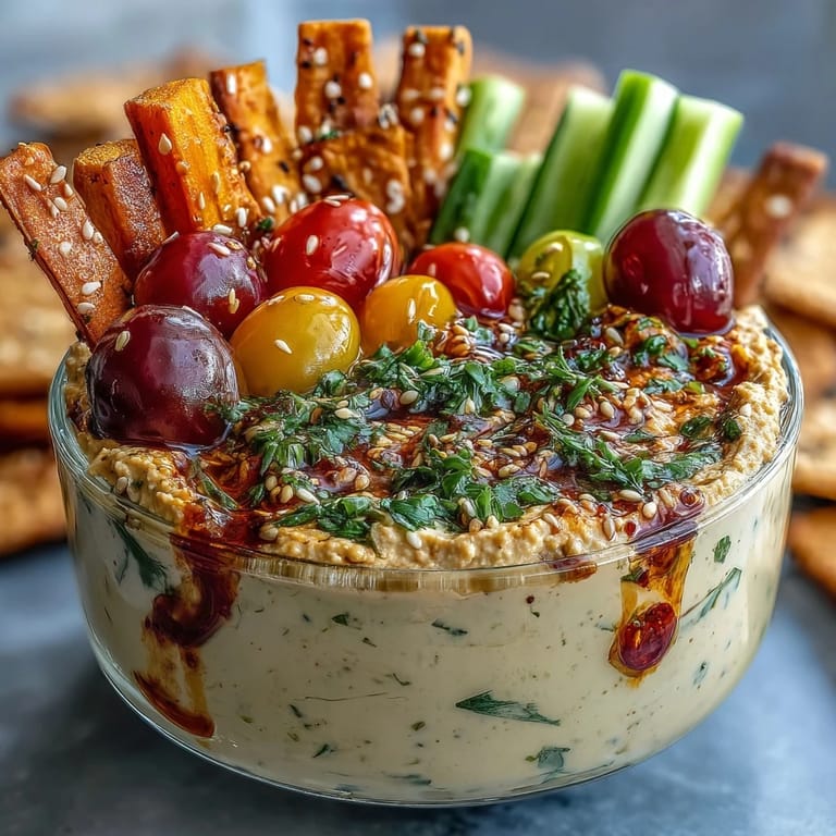 Freshly made hummus topped with an array of crisp vegetable sticks, served in convenient cups for easy, healthy snacking.