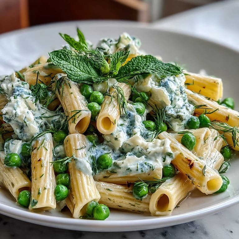 Spring pasta with sweet peas, ricotta, and mint, served hot with a sprinkle of Parmesan on top.  