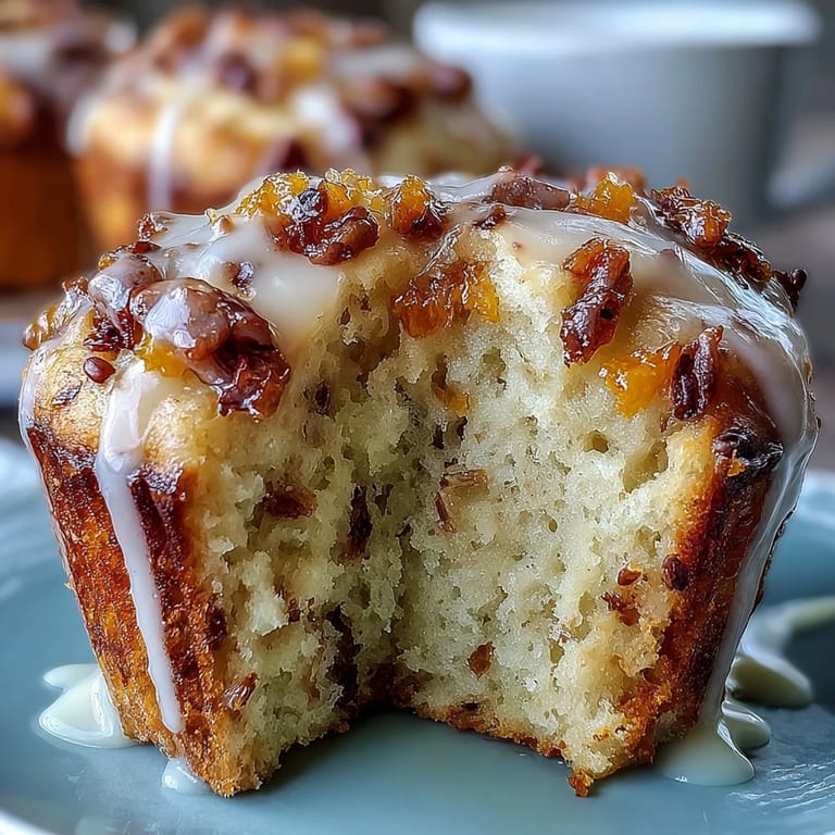 Golden muffins bursting with poppy seeds and lemon zest, drizzled with a glossy glaze for a sweet, citrusy breakfast treat.