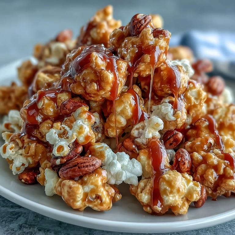 Sweet and salty caramel popcorn mix with roasted peanuts, perfect for movie nights or baseball games.