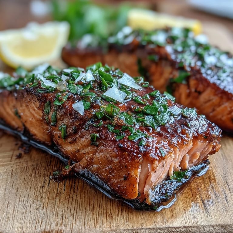 Grilled salmon fillet infused with lemon and dill aroma, served on a cedar plank for rustic flavor.