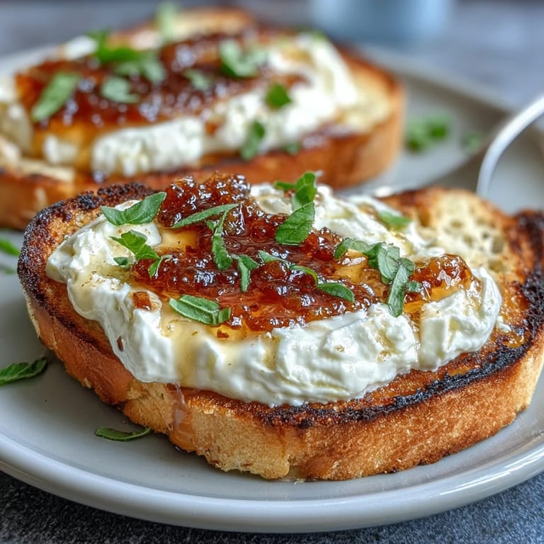 Creamy burrata and ripe peach slices atop golden sourdough, finished with honey and basil for a fresh, elegant appetizer.