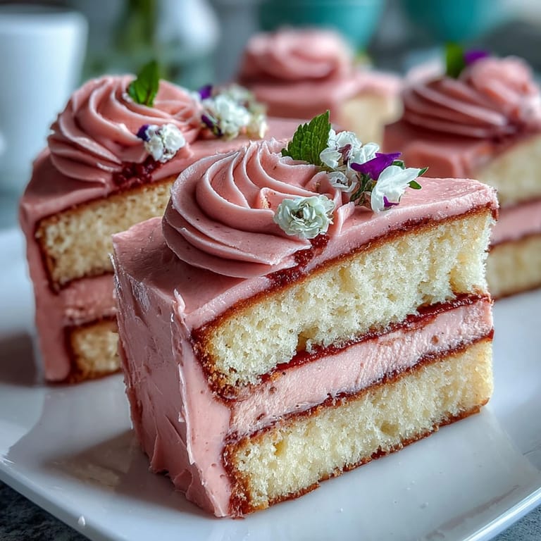 Showstopping vanilla layer cake with gradient pink frosting and fresh floral accents, perfect for Mothers Day brunch.
