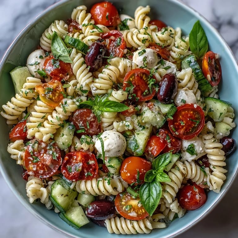 Refreshing Easy Picnic Pasta Salad with Italian Dressing, featuring crisp cucumbers, juicy tomatoes, and zesty herbs, ideal for summer meals.