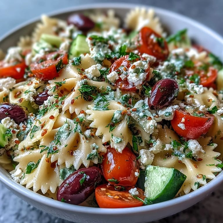 Colorful Greek-style pasta salad with ripe tomatoes, crisp cucumbers, briny olives, and creamy feta crumbles.