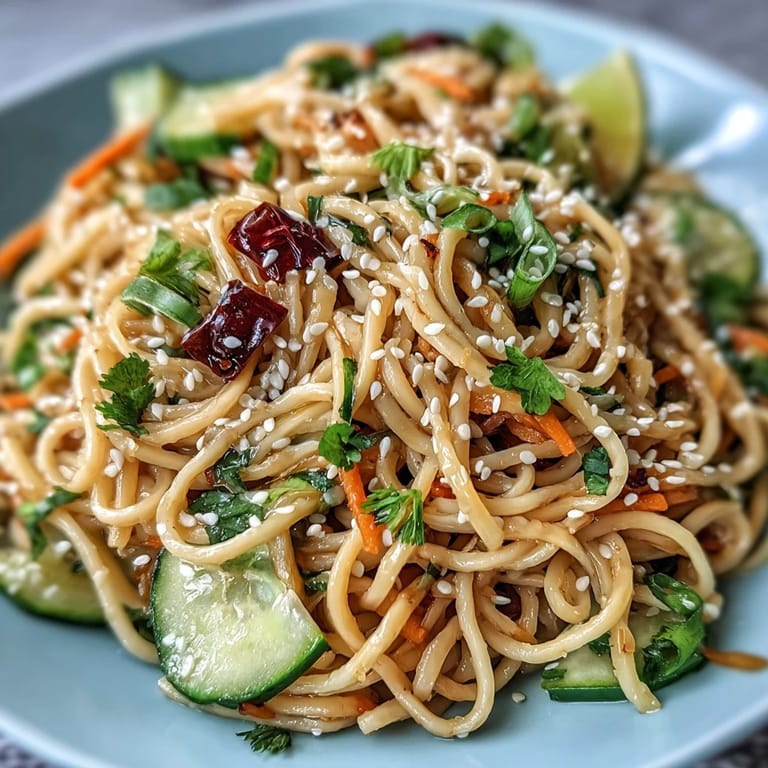 Chilled sesame noodle bowl with crisp cucumber, sesame seeds, and a drizzle of creamy sauce.