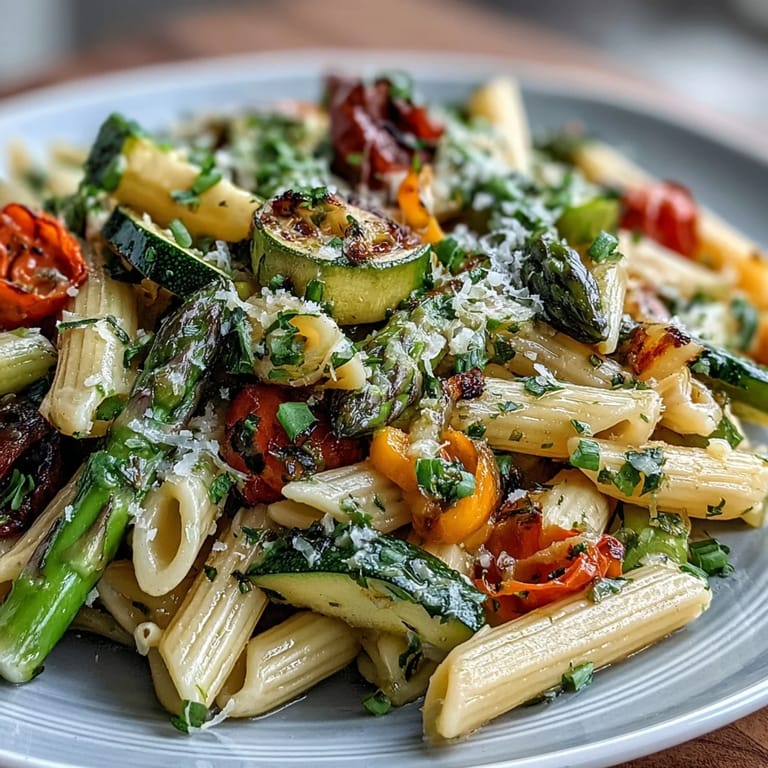 Bright and healthy Spring Pasta Primavera featuring tender penne pasta tossed with crisp asparagus, zucchini, and cherry tomatoes in a light lemon-herb sauce.