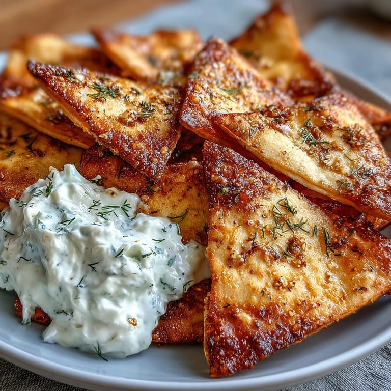 Homemade pita chips paired with tangy tzatziki for a light, flavorful snack or party platter.