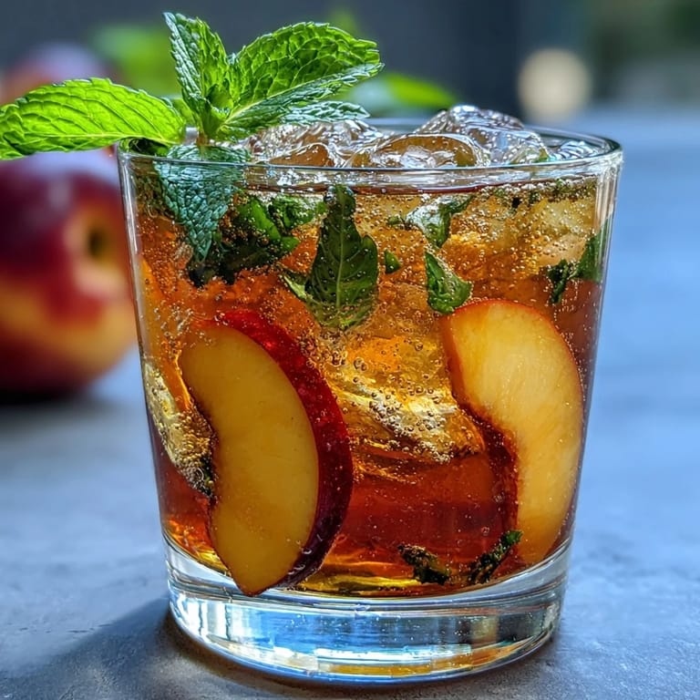 Vibrant Mango Peach Sparkling Tea served over ice with a sprig of mint and fresh fruit garnish.