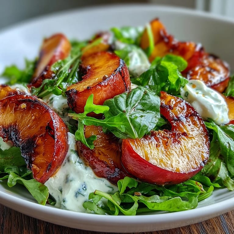 Vibrant grilled peach and burrata salad drizzled with honey, showcasing summer flavors and colorful arugula.