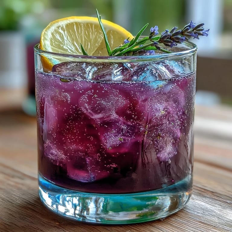 Purple Rain Lavender Lemonade Refresher served over ice with lemon wedges and lavender sprigs.  