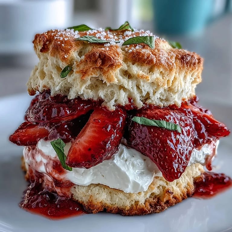 Drizzled with whipped cream, these Strawberry Basil Shortcake Biscuits look delicious.
