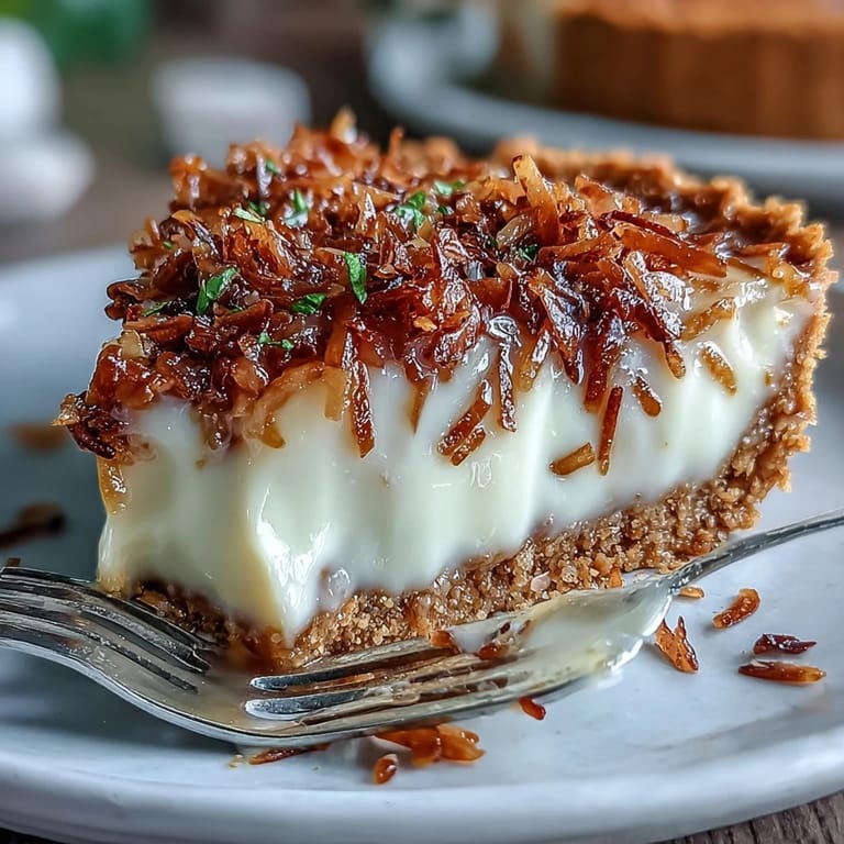 A slice of refreshing coconut lime tart, topped with moist coconut and tangy zest.