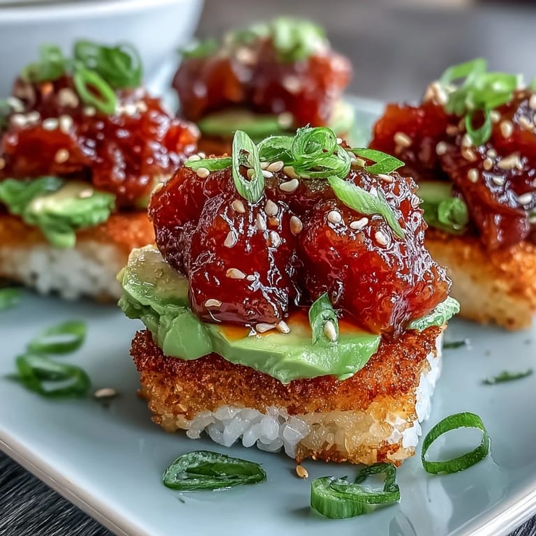 Delicious Crispy Rice Salad with Avocado and Spicy Tuna, a colorful and flavorful fusion dish presented.