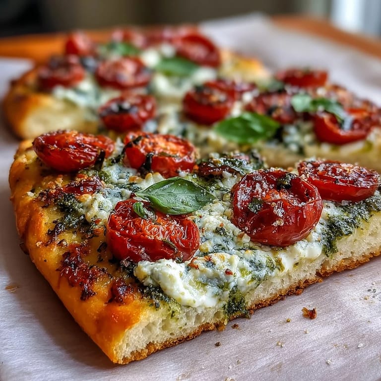 Golden crust of Viral Cottage Cheese Flatbread awaiting pesto, tomato, and basil garnish.