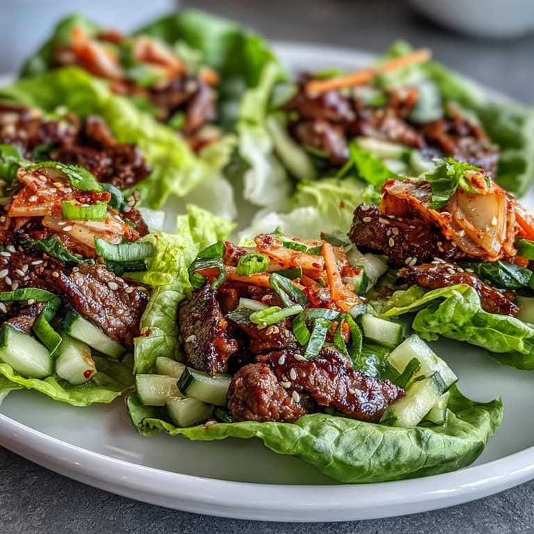 Juicy marinated Korean BBQ beef filling crisp lettuce cups with fresh crunchy vegetables.