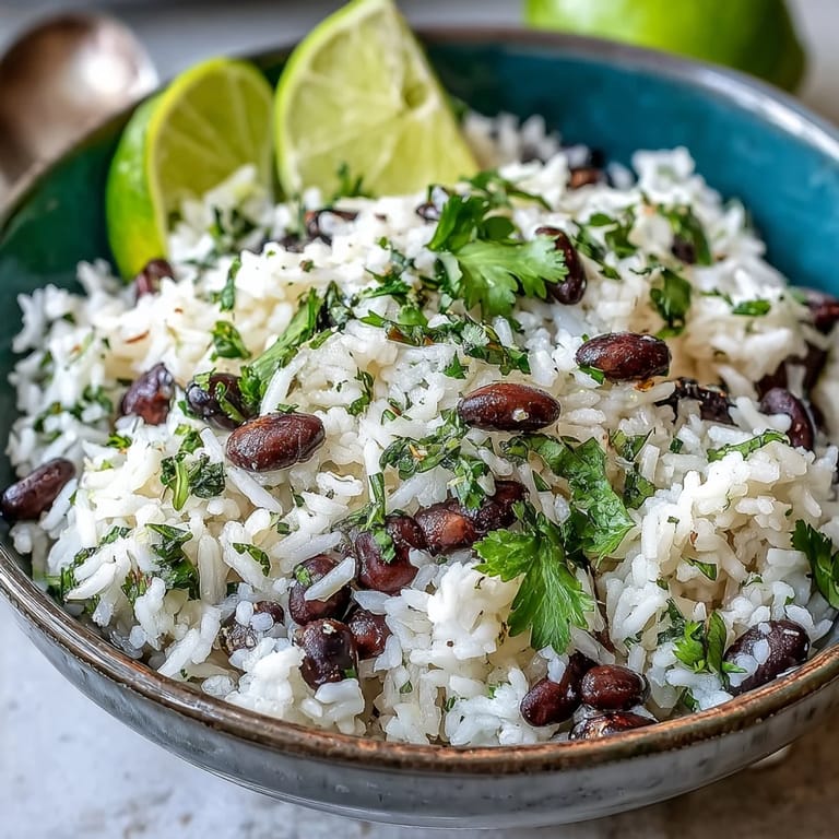 Vibrant, fluffy Coconut Lime Rice dish ready to serve with fresh cilantro and beans.