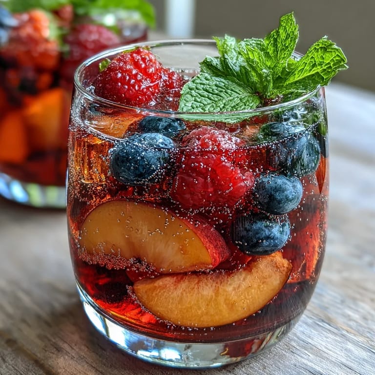 Juicy peach Summer Sangria Mocktail garnished with mint, perfect for hot days.