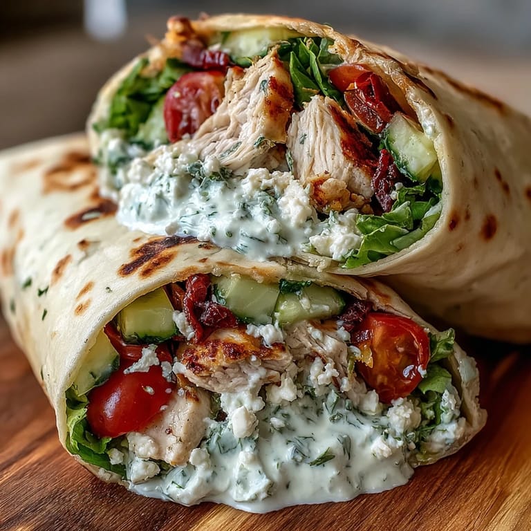 Juicy grilled chicken wraps featuring creamy tzatziki sauce and fresh cucumber.