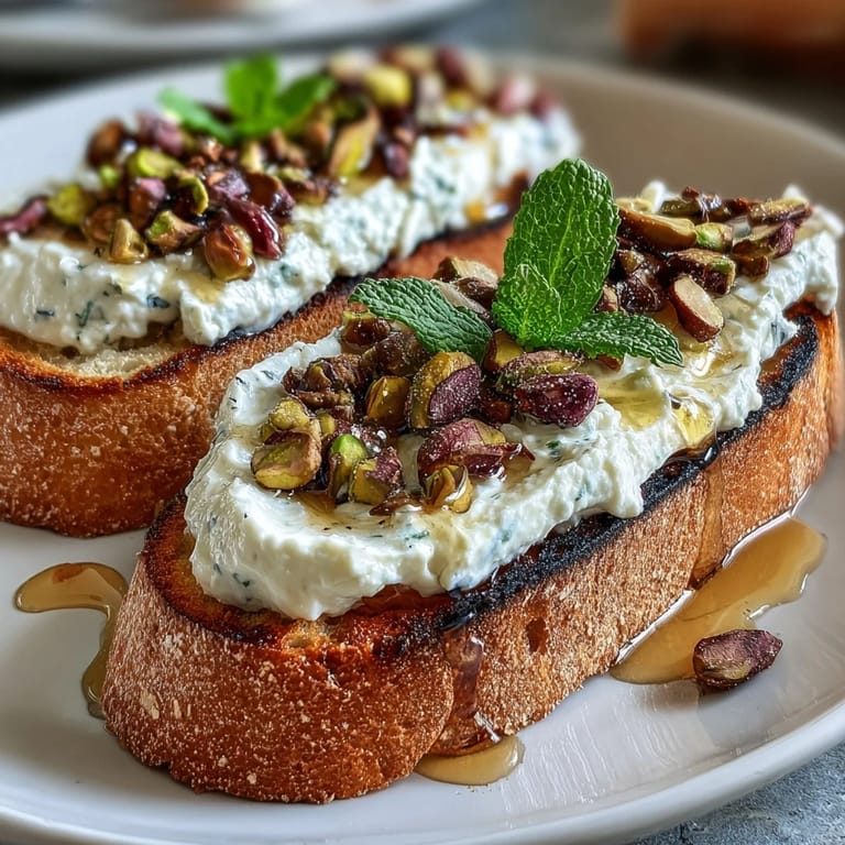 Enjoy this easy whipped ricotta toast with honey, artfully sprinkled with nuts.