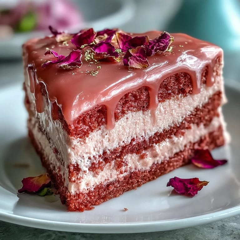 Delicate Bridal Shower Rosé Velvet Cake with a luxurious gold cascade.
