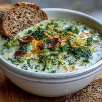 Creamy Broccoli Cheddar Soup simmers in a pot with sharp cheddar, fresh broccoli, and carrots, ready to serve with warm crusty bread.