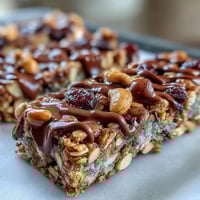 No-Bake Granola Energy Bars with oats, nuts, and dried fruit in a glass pan, ready to slice and serve.