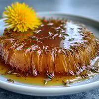 Dandelion jelly with delicate floral notes and golden hue, spread on fresh bread for a sweet springtime treat.