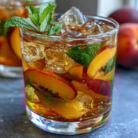 Mango Peach Sparkling Tea in a tall glass with fresh mint and fruit slices on a sunny patio table.