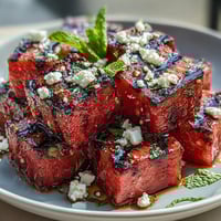 Grilled watermelon salad with feta and mint features caramelized fruit, creamy cheese, and fresh herbs for a vibrant summer dish.