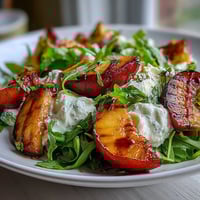 Grilled peach and burrata salad with honey: sweet, smoky peaches paired with creamy cheese and fresh greens.