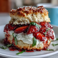 Golden Strawberry Basil Shortcake Biscuits topped with whipped cream and fresh berries.