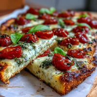 Viral Cottage Cheese Flatbread topped with vibrant pesto, juicy tomatoes, ready to slice.