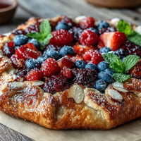 Golden Summer Berry Galette with flaky almond crust, warm and bubbling.