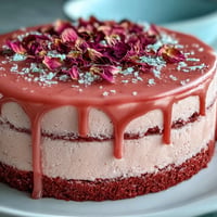 Elegant pink Bridal Shower Rosé Velvet Cake adorned with shimmering gold drip.